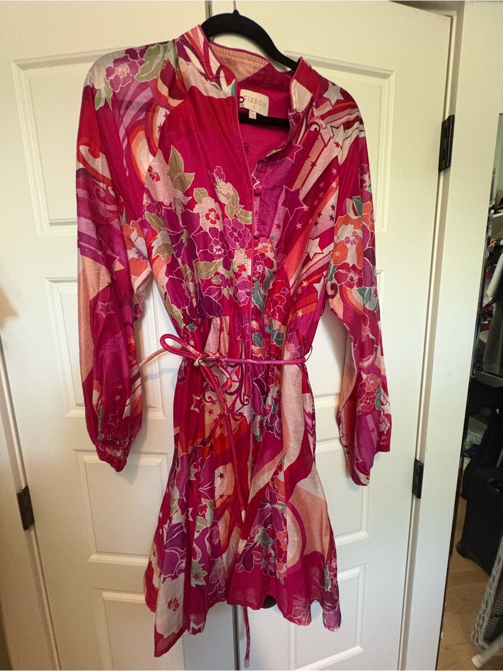 Pink Floral Tie-Waist Long Sleeve Dress